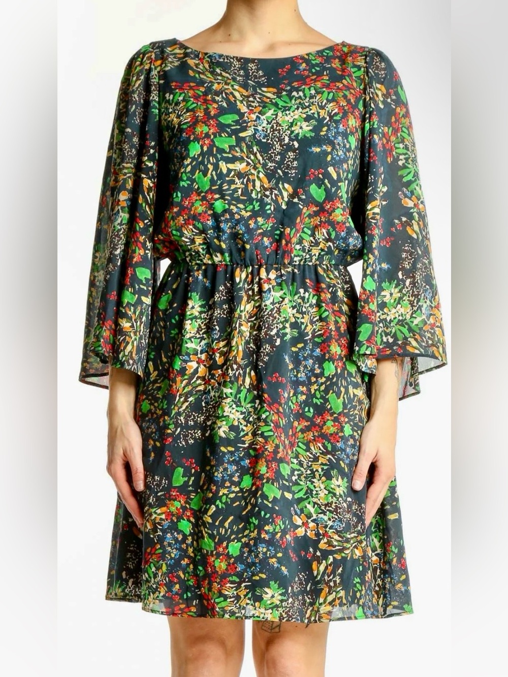 Alice + Olivia Navy Floral Bell Sleeve Dress with Green and Red Accents XS